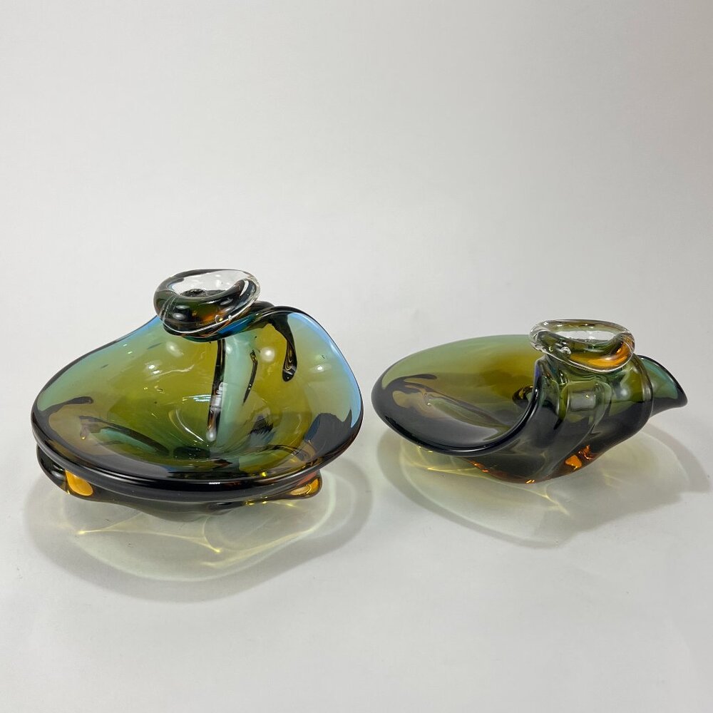 Vtg Pilgrim Glass Trinket Dish Bowl Handle Green Blue WV Hand Blown Crafted